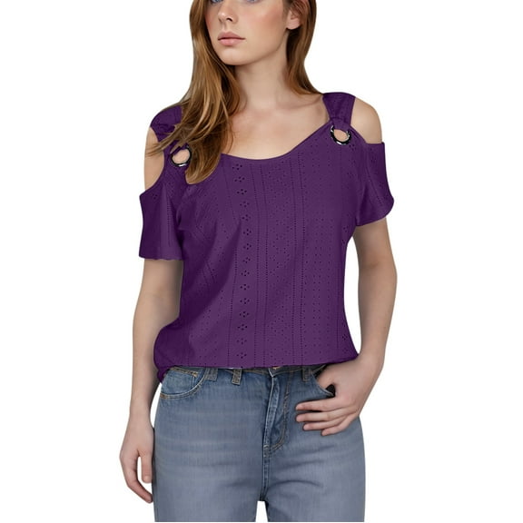 bnaln Summer Tops for Women Sale Sexy Cold Shoulder T-Shirts 2025 Trendy Eyelet Hollow Out V Neck Short Sleeve Tunic Shirts Loose Casual Flowy Blouse Plus Size Tees Y2K Going Out Tops