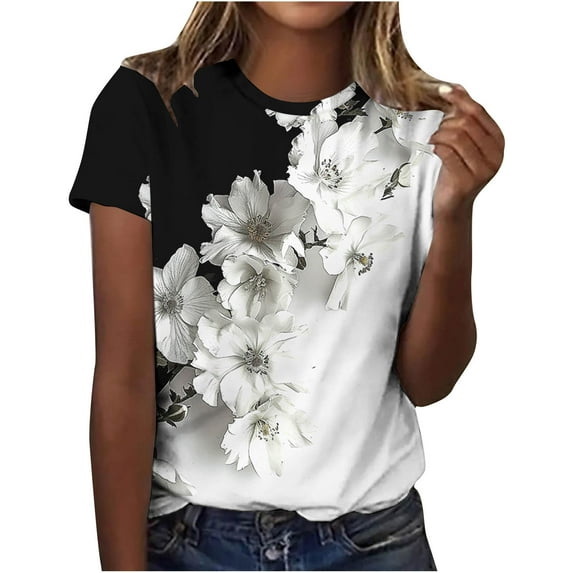 bnaln Tshirts Women Summer Short Sleeve Tops Casual Floral Printed T Shirts Elegant Crew Neck Tees Ladies Blouses Plus Size Petite Top Basic Going Out Work Holiday Clothes