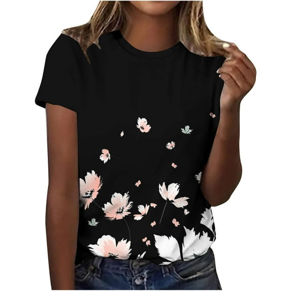 bnaln Tshirts Women Summer Short Sleeve Tops Casual Floral Printed T Shirts Elegant Crew Neck Tees Ladies Blouses Plus Size Petite Top Basic Going Out Work Holiday Clothes