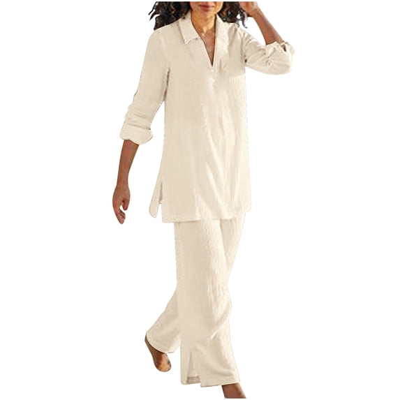 bnaln Two Piece Outfits for Women Cotton Linen T-Shirts Tops Solid Color Causal Long Wide Leg Pants 2 Piece Sets Travel Beach