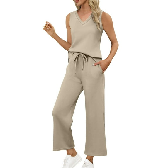 bnaln Two Piece Sets for Women Summer Vacation Travel Outfits V Neck Loose Sleeveless Tank Tops Wide Leg Pants Tracksuit Soft Cozy Loungewear Casual Sweatsuit Matching Lounge Sets