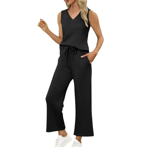 bnaln Two Piece Sets for Women Summer Vacation Travel Outfits V Neck Loose Sleeveless Tank Tops Wide Leg Pants Tracksuit Soft Cozy Loungewear Casual Sweatsuit Matching Lounge Sets