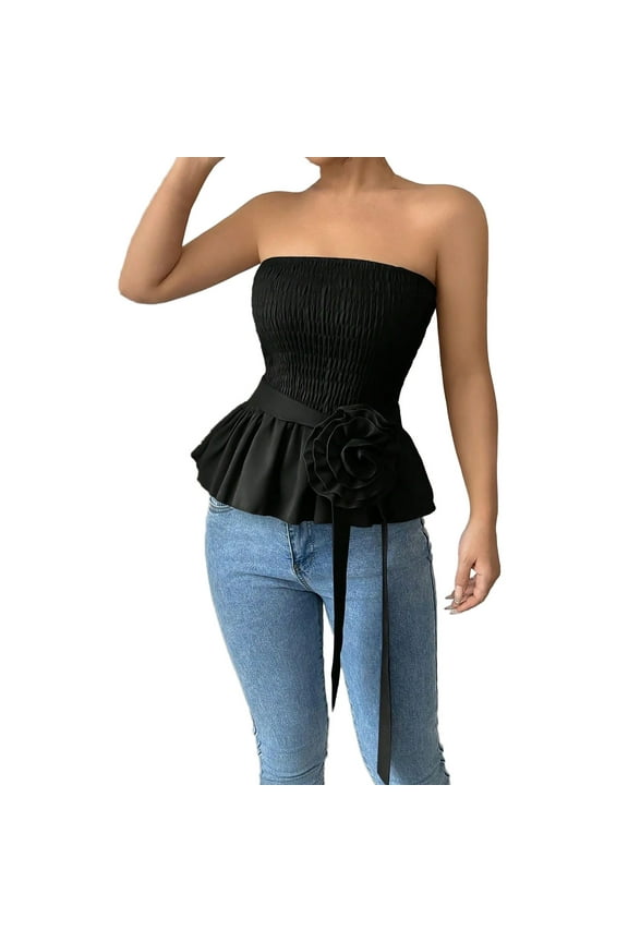 Vest Tops Women Strapless Tube Tops Sleeveless Bandeau Going Out Crop Top Summer Casual Tube Shirts Beach Tanks Cami Shirts Pleated Cute Tees Teen Girls Y2K Clothes