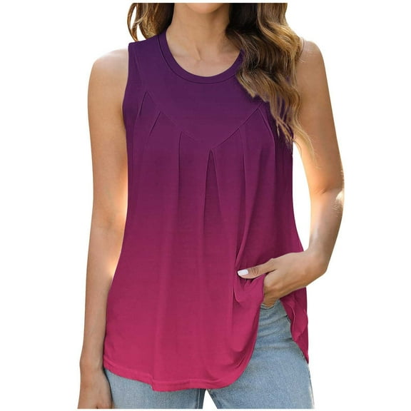 bnaln Vest Tops for Women Summer Ladies Fashion Round Neck Printing Sleeveless Tank Tops Casual Pleated Basic Henley Shirts Elegant Tank Loose Fit Work Blouses Shirts