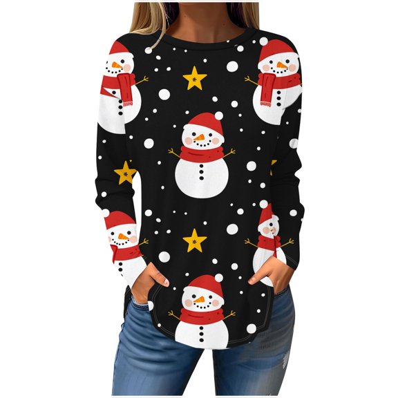bnaln Women Christmas Sweatshirts Long Sleeve Tops Women Crewneck Loose Fit T-Shirts Funny Novely Graphic Lightweight Comfy Pullover Trendy Casual Xmas Shirt Holiday Tunic Blouses