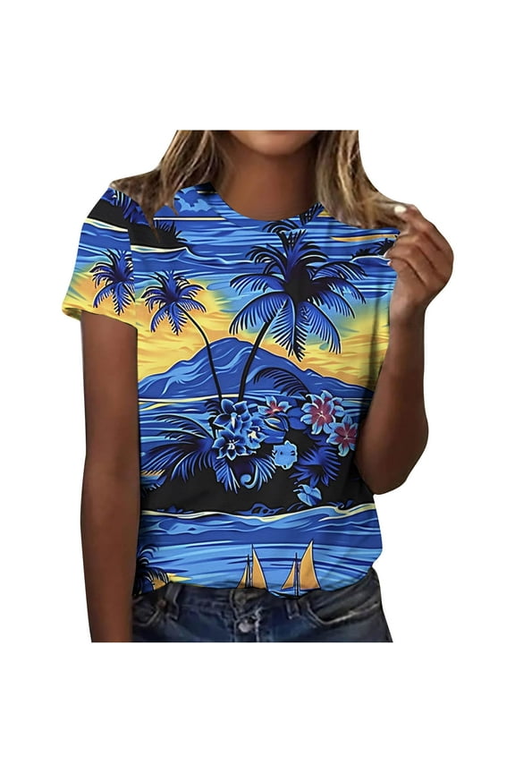 Women Summer T Shirt Plus Size Loose Stylish Hawaiian Fancy Blouse Tops Girl Short Sleeve Graphic Casual Shirt Beach Party Tees Comfy Crew Neck Pullover Sales