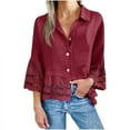 thumbnail image 1 of bnaln Women Tops Dressy Casual 3/4 Sleeve Shirts V Neck Button Down Blouses Lace Hollow Out Loose Fit T Shirts Lightweight Summer Flowy Babydoll Blouses Home Beach Vacation Wear, 1 of 8