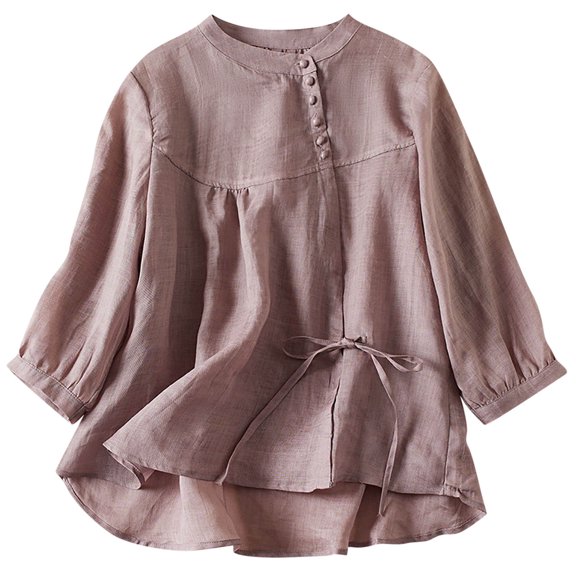 bnaln Blouses for Women Dressy Cotton Cotton Linen Solid Color Round-Neck Woman T-Shirts 3/4 Sleeve Loose Tops Button Soft Comfort Tees Vacation Clothes