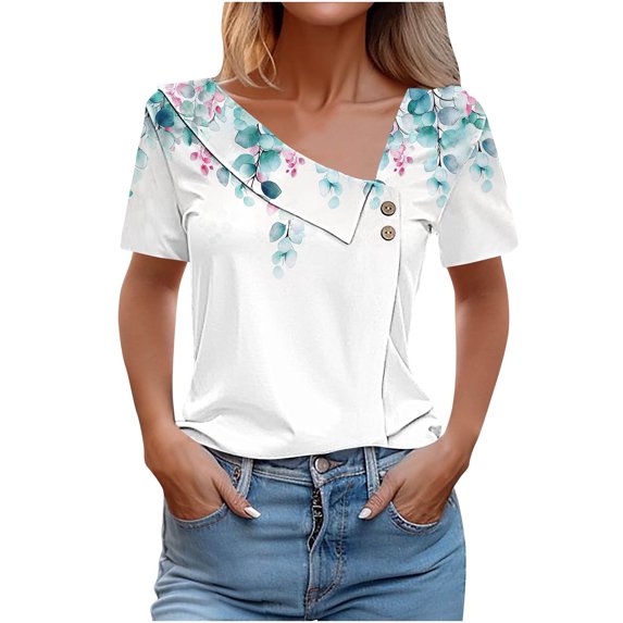 bnaln Women Tops Summer T Shirts Casual Button Short Sleeve Shirts Floral Printed V Neck Tees Shirts Elegant Tunic Tops Dressy Blouses Ladies Henley Shirts Pullover Going Out Tops