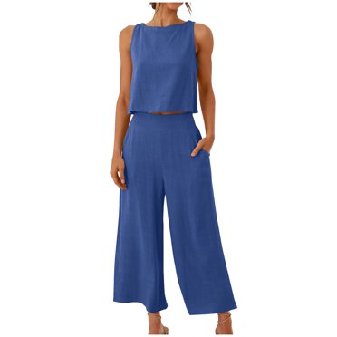 bnaln Women's 2 Piece Lounge Set Summer Outfits Casual Sleeveless Camisole Crop Top Capri Wide Leg Pants Jumpsuit Cotton Linen Loungewear Beach Travel Sets Spring Matching Tracksuit