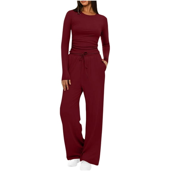 bnaln Women's 2 Piece Sets Summer Lounge Sets Spring Long Sleeve Tops and Wide Leg Pants Tracksuit Casual Travel Outfits Summer Beach Vacation Matching Set Comfy Loungewear Homewear