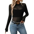 thumbnail image 1 of bnaln Women's Long Sleeve Mesh Tops Mock Neck Sheer Blouse See Through Floral Lace Tops Crew Neck Summer Slim Fit T-Shirts Y2k Going Out Tees Party Clubwear Shirts Vacation Outfits, 1 of 5