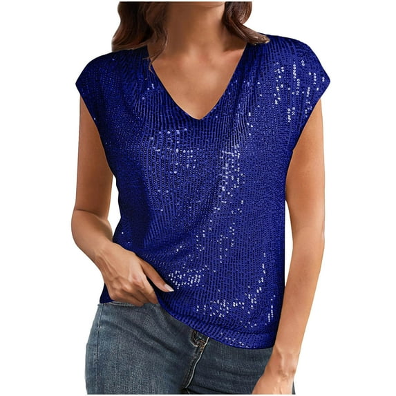 bnaln Women's Sequin Tops Short Sleeve Glitter Dressy Blouses V Neck Sparkly T Shirts Cute Tunic Tops Casual Summer Tops Trendy Pullover Shinny Shirts for Party, Evening, Cocktail