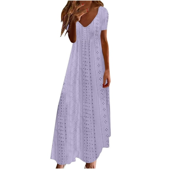 bnaln Women's Summer Boho Maxi Dresses Hollow Out Eyelet Short Sleeve V Neck A Line Flowy Long Beach Vacation Dress Loose Party Dresses Beach Sundress Casual Holiday Outfits
