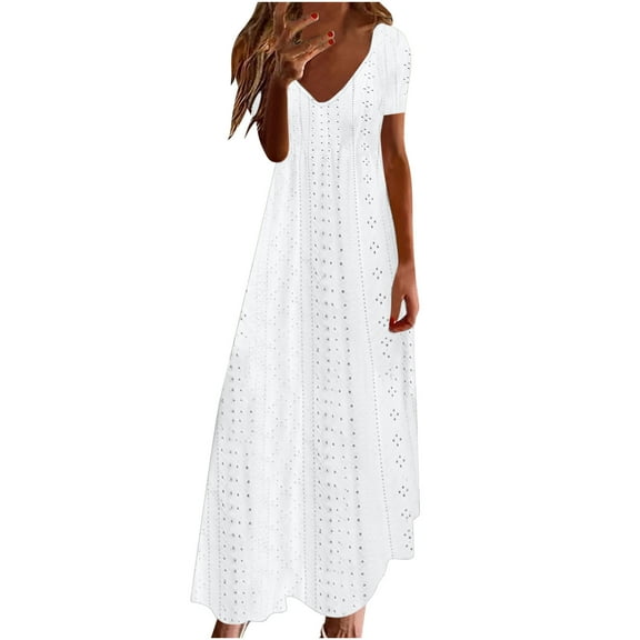 bnaln Women's Summer Boho Maxi Dresses Hollow Out Eyelet Short Sleeve V Neck A Line Flowy Long Beach Vacation Dress Loose Party Dresses Beach Sundress Casual Holiday Outfits