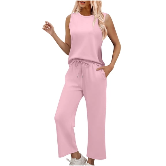 bnaln Women's Summer Casual 2 Piece Outfits Loose Sleeveless Tank Tops Wide Leg Pants Sets Summer Vacation Travel Tracksuit Soft Cozy Loungewear Sweatsuit Comfy Lounge Sets
