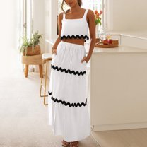 bnaln Women's Summer Skirt Suits Square Neck Sleeveless Crop Tank Tops   Elastic Waist Long Skirts Trendy 2 Piece Outfits Dresses Casual Maxi Skirts And Top Set for Women Sale