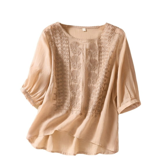 bnaln Women's Tops Summer Flowy Cotton Linen Shirt Plus Size 3/4 Sleeve Button Up Tshirts Lightweight Boho Embroidered Peasant Shirts Cute Tees Work Dressy Casual T Shirt Blouses