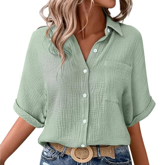 bnaln Womens Casual Button Down Short Sleeve Shirts Summer Fashion Dressy Shirts Solid Summer Beach Blouses Tops Lightweight Business Casual Office Work Tunic Top with Pocket