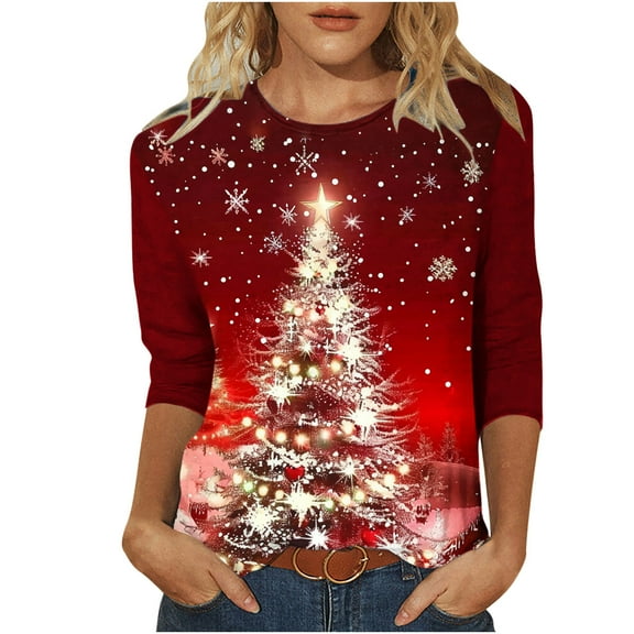 bnaln Womens Christmas Jumpers Plus Size 3/4 Sleeve Shirts Trendy Xmas Tree Print Graphic Tees Dressy Casual Crew Neck T-Shirt Ladies Christmas Sweatshirts Holiday Pullover Tops
