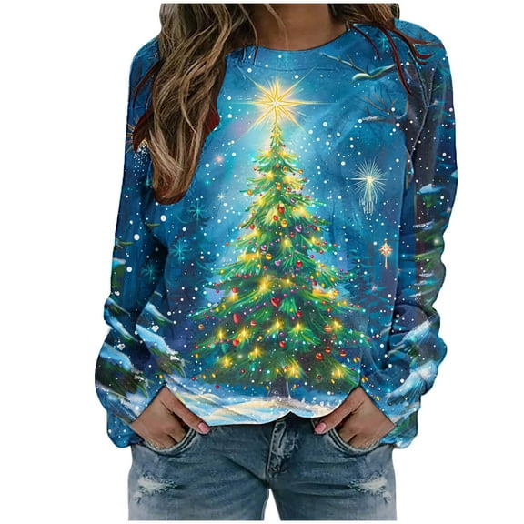 bnaln Womens Christmas Sweatshirts Christmas Tree Print Crew Neck Casual Shirt Ladies Xmas Jumpers Loose Soft Long Sleeve Pullover Tops Casual Dressy Blouse Plus Size Holiday Shirts
