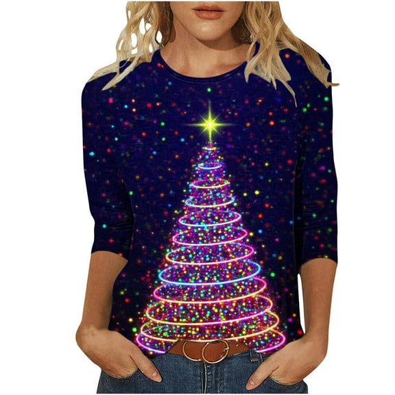 bnaln Womens Christmas Sweatshirts Crewneck 3/4 Sleeve Shirts Xmas Tree Santa Claus Snowflake Snowman Graphic Tees Plus Size Holiday Tshirt Tunic Blouse Going Out Tops Streetwear