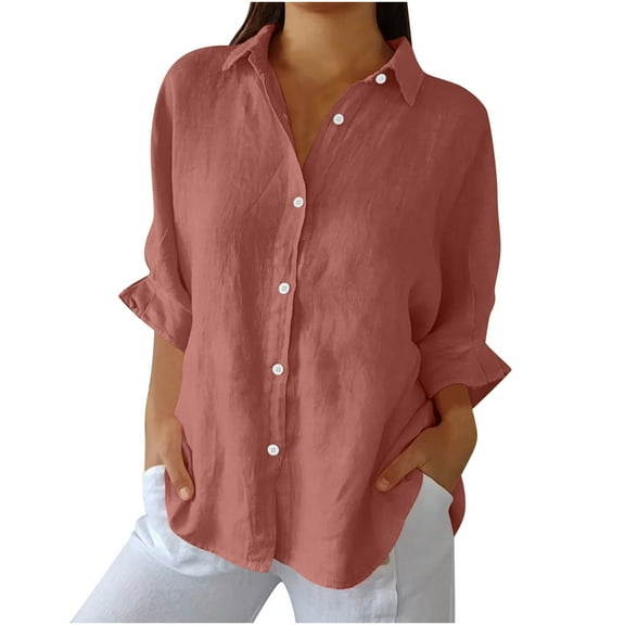bnaln Womens Cotton Linen Shirts Solid Color 3/4 Sleeve Tops Dressy Casual Blouses Oversized Tshirts for Women Trendy V Neck Button Down Shirts Elegant Casual Bussines Work Blouse