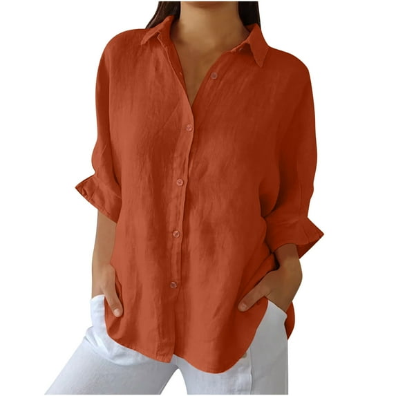 bnaln Womens Cotton Linen Shirts Solid Color 3/4 Sleeve Tops Dressy Casual Blouses Oversized Tshirts for Women Trendy V Neck Button Down Shirts Elegant Casual Bussines Work Blouse