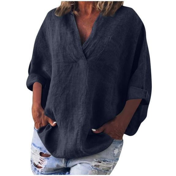 bnaln Womens Linen Button Down Shirts Summer Tops 3/4 Sleeve Oversized Tees Boyfriend Solid Tops V Neck Loose Fit T-Shirts Plus Size Casual Dressy Blouses Baggy Pullover Basic Top