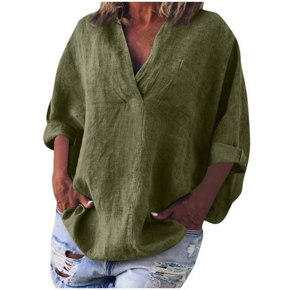 bnaln Womens Linen Button Down Shirts Summer Tops 3/4 Sleeve Oversized Tees Boyfriend Solid Tops V Neck Loose Fit T-Shirts Plus Size Casual Dressy Blouses Baggy Pullover Basic Top