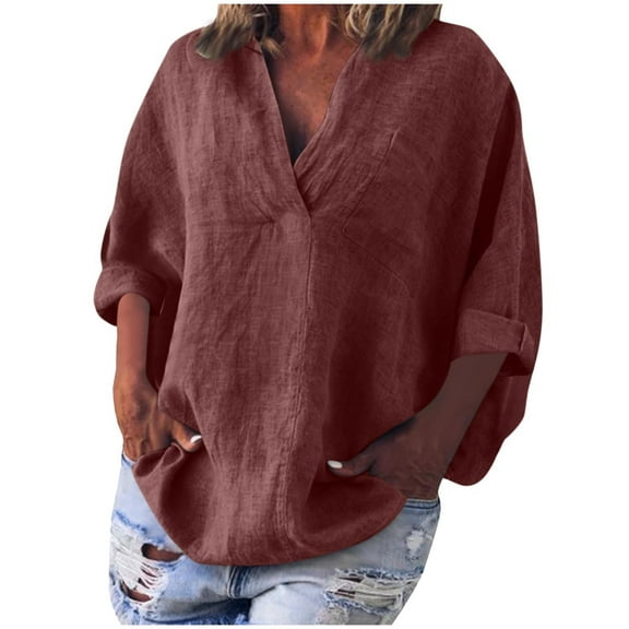 bnaln Womens Linen Button Down Shirts Summer Tops 3/4 Sleeve Oversized Tees Boyfriend Solid Tops V Neck Loose Fit T-Shirts Plus Size Casual Dressy Blouses Baggy Pullover Basic Top