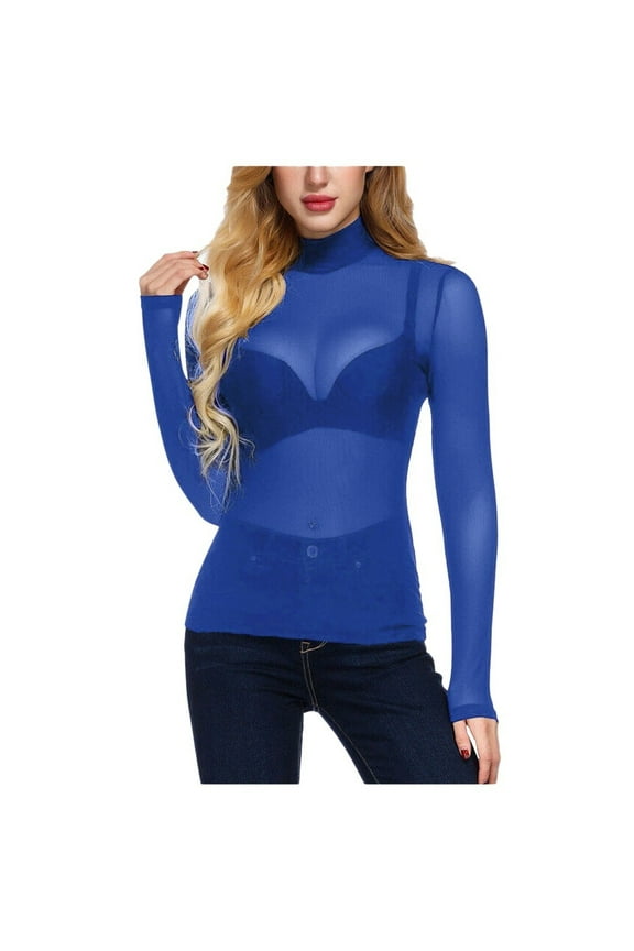 Womens Long Sleeve Mesh Sheer Tops Sexy Turtleneck Spring Summer T-Shirts Slim Fit Tees Lace Tops Romantic See Through Blouse Party Clubwear Shirts Y2K Going Out Tees