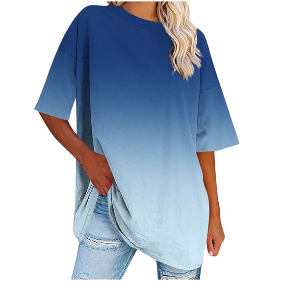 bnaln Womens Oversized T Shirts Clearance Summer Trendy Short Sleeve Tops Crew Neck Loose Fit Tees Gradient Print Workout Plus Size Tops Beach Vacation Athletic Gym Shirts