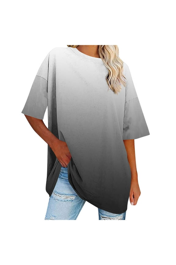 Womens Oversized T Shirts Clearance Summer Trendy Short Sleeve Tops Crew Neck Loose Fit Tees Gradient Print Workout Plus Size Tops Beach Vacation Athletic Gym Shirts