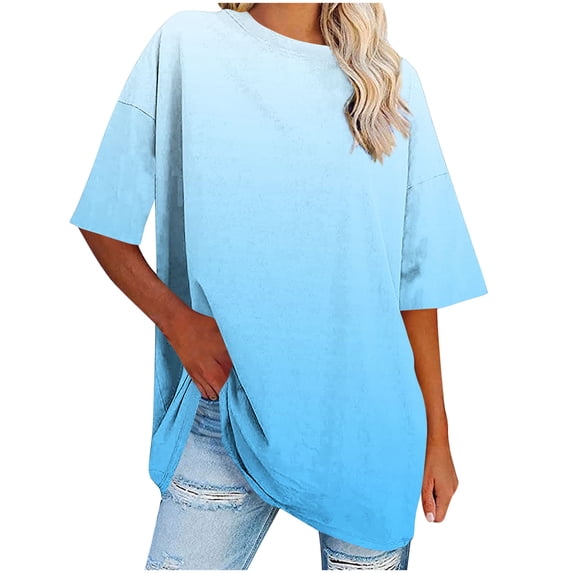 bnaln Womens Oversized T Shirts Clearance Summer Trendy Short Sleeve Tops Crew Neck Loose Fit Tees Gradient Print Workout Plus Size Tops Beach Vacation Athletic Gym Shirts