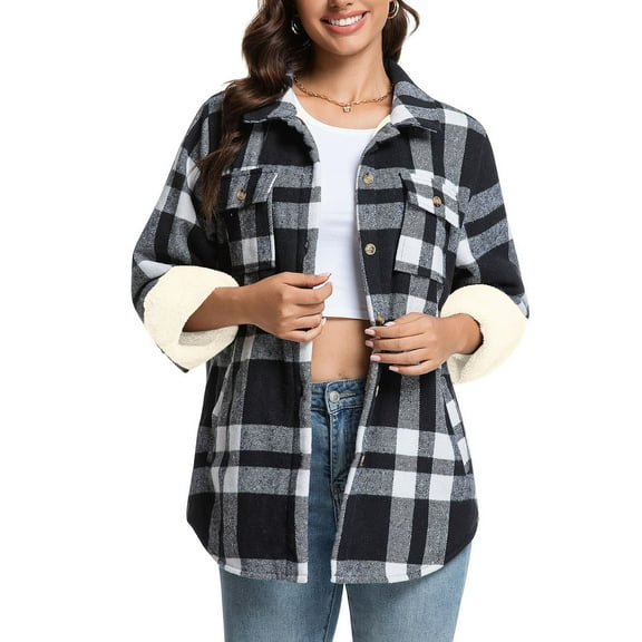 bnaln Womens Plaid Shacket Jackets Fashion Boyfriend Button Down Shirts Jacket Loose Long Sleeve Tops Ladies Fleece Shirts Casual Plaid Coats Outerwear Fall Outfits with Pockets