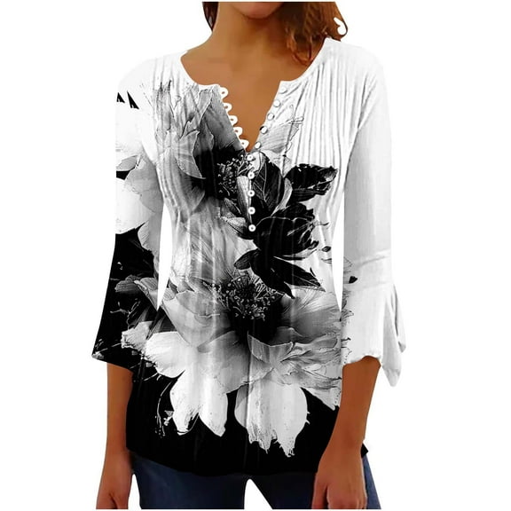 bnaln Womens Shirts and Blouses 3/4 Length Sleeve Dressy Casual Blouse Summer T-Shirts V Neck Button Down Pleated Tshirts Boho Floral Tees Ladies Elegant Tunic Tops Spring Clothes