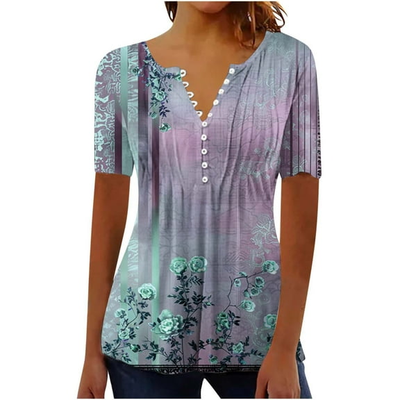 bnaln Womens Shirts and Blouses Dressy Casual Short Sleeve Summer Tops Spring V Neck Button Down Pleated Tshirts Boho Tops Ladies Elegant Tunic Blouse Loose Peasant Summer T-Shirts