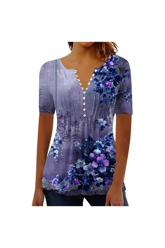 Womens Shirts and Blouses Dressy Casual Short Sleeve Summer Tops Spring V Neck Button Down Pleated Tshirts Boho Tops Ladies Elegant Tunic Blouse Loose Peasant Summer T-Shirts