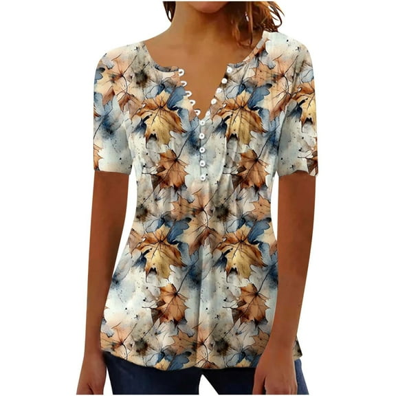 bnaln Womens Shirts and Blouses Dressy Casual Short Sleeve Summer Tops Spring V Neck Button Down Pleated Tshirts Boho Tops Ladies Elegant Tunic Blouse Loose Peasant Summer T-Shirts