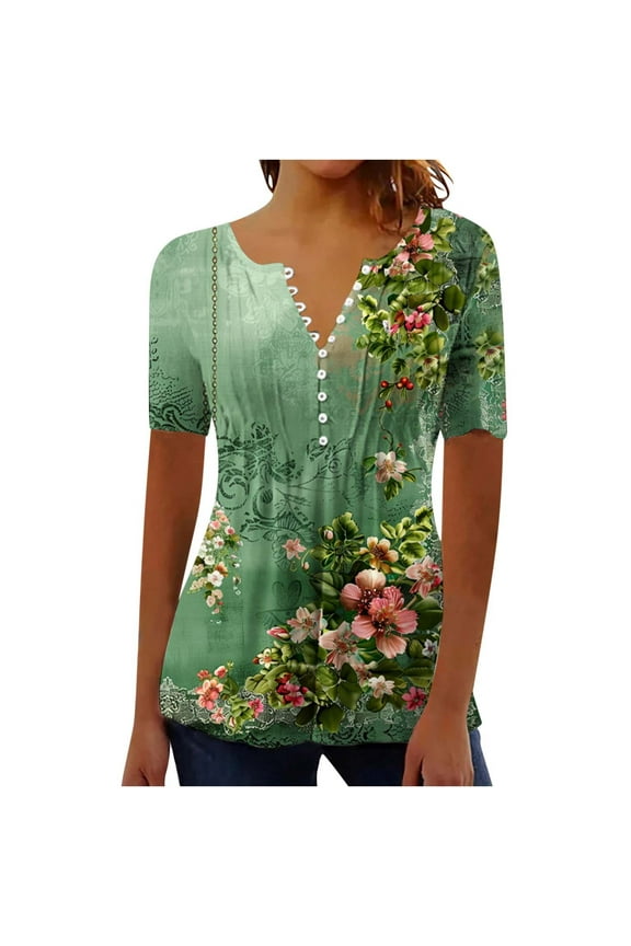 Womens Shirts and Blouses Dressy Casual Short Sleeve Summer Tops Spring V Neck Button Down Pleated Tshirts Boho Tops Ladies Elegant Tunic Blouse Loose Peasant Summer T-Shirts