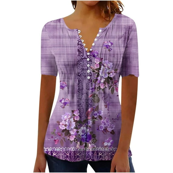 bnaln Womens Shirts and Blouses Dressy Casual Short Sleeve Summer Tops Spring V Neck Button Down Pleated Tshirts Boho Tops Ladies Elegant Tunic Blouse Loose Peasant Summer T-Shirts