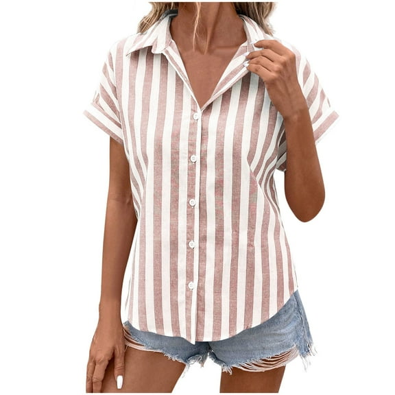 bnaln Womens Shirts Dressy Casual Blouses Summer Short Sleeve Striped Shirts Trendy V Neck Button Down Tops Ladies Blouses Loose Vacation Beach Solid Blouse Tunic Tops Fashion Clothes