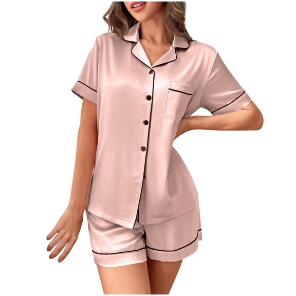 bnaln Womens Silk Satin Pajama Sets Soft Cozy Short Sleeve Button Down Top and Shorts Pjs Lounge Set 2 Piece Outfits Summer Sleepwear Ladies Pajamas Nightwear Loungewear S-XXL
