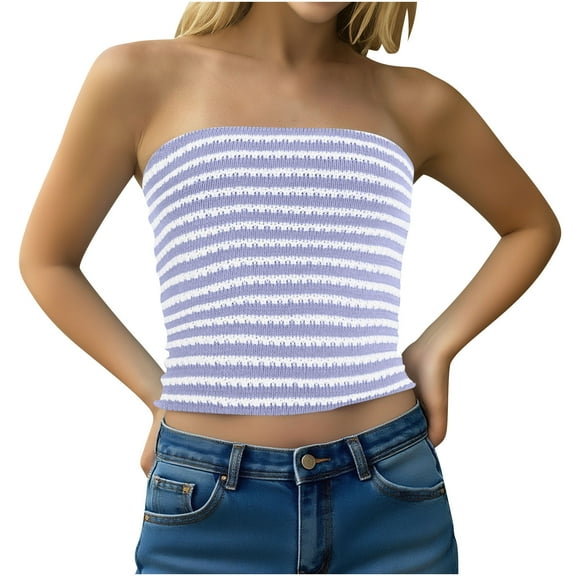 bnaln Womens Strapless Tube Tops Cropped Y2K Going Out Fitted Tank Tops Summer Trendy Knitted Striped Bandeau Shirts Sleeveless Camisole Vest Casual Cami Shirts Beach Vacation Outfits