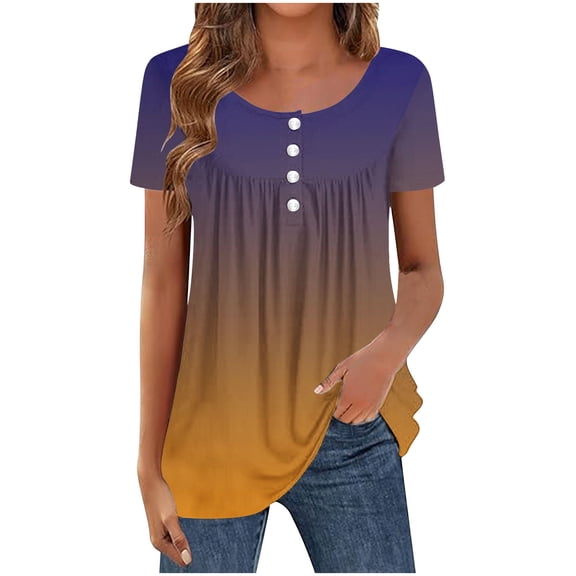 bnaln Womens Summer Tops Dressy Casual Short Sleeve Button Crew Neck T Shirts Trendy Elegant Shirts Boho Floral Tunic Blouses Loose Fit Pleated Tshirt Cute Flowy Tees Summer Outfits