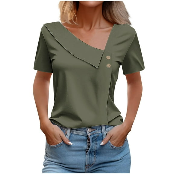bnaln Womens Summer Tops Dressy Caual Blouses for Women V Neck Fashion Printed Tees Comfy Button Down Short Sleeve Pullover Trendy T Shirts Henley Shirts Tunic Tops