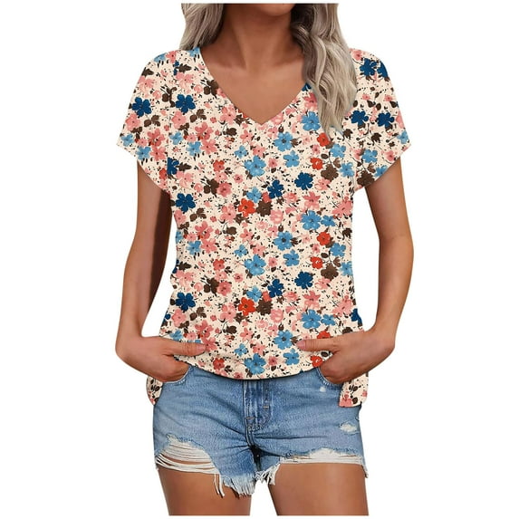 bnaln Womens Summer Tops Trendy Short Sleeve Tshirts Floral Boho Shirts V Neck T Shirts Elegant Flowy Tunic Tops Fashion Loose Fit Pullover Y2K Going Out Tops Holiday Tees