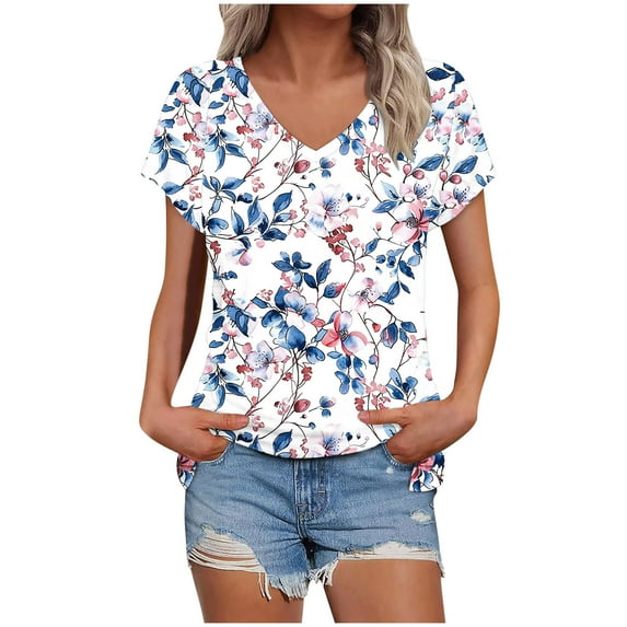 bnaln Womens Summer Tops Trendy Short Sleeve Tshirts Floral Boho Shirts V Neck T Shirts Elegant Flowy Tunic Tops Fashion Loose Fit Pullover Y2K Going Out Tops Holiday Tees