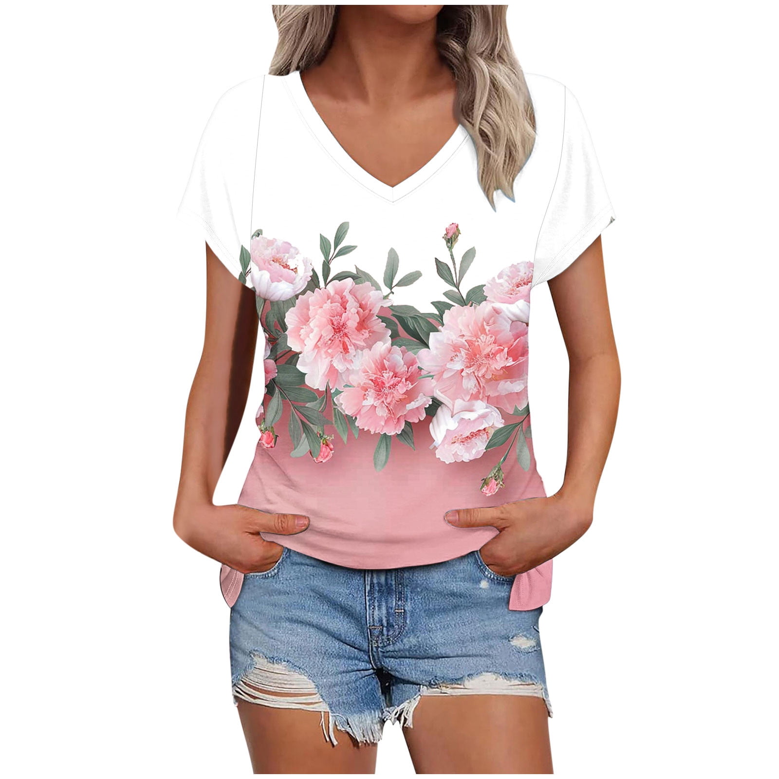 bnaln Womens Summer Tops Trendy Short Sleeve Tshirts Floral Boho Shirts ...